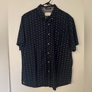 Denim and Flower Men’s Navy Blue Short Sleeve Fox Button Up Shirt Slim Fit XL